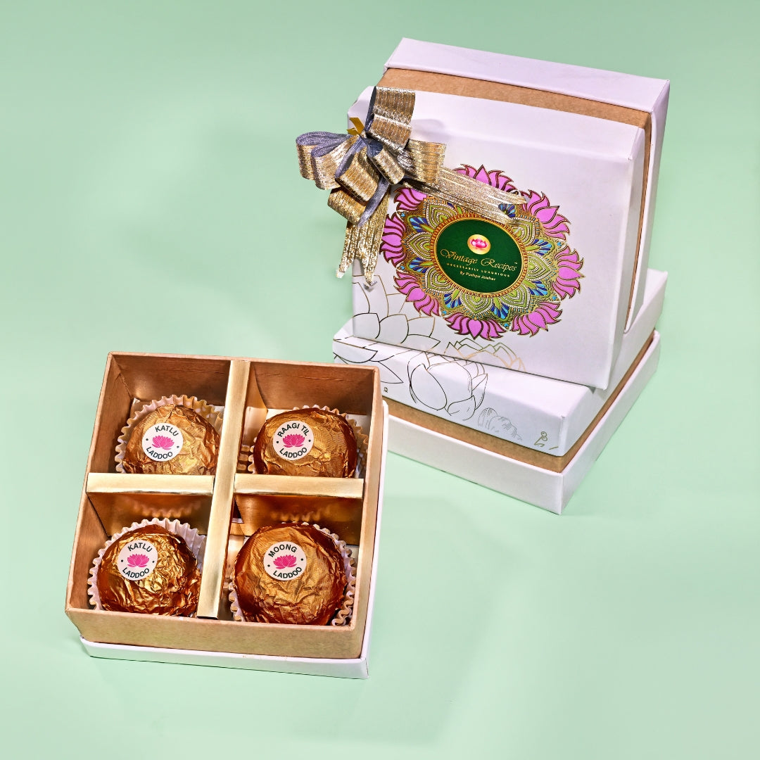 Box of 4 Laddoos + Gold Design Mugs